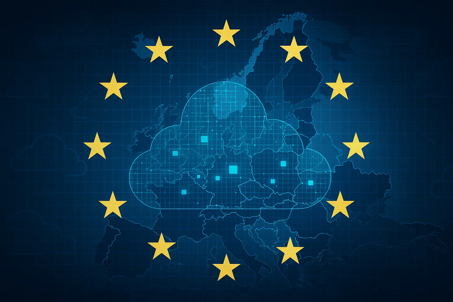 Stylized map of Europe highlighting data center nodes